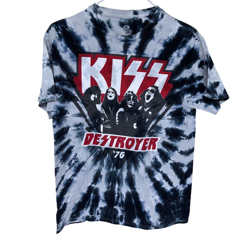 Liquid Blue KISS 2016 Destroyer T Shirt Women's Medium White Blue Tie‎ Dye Rock